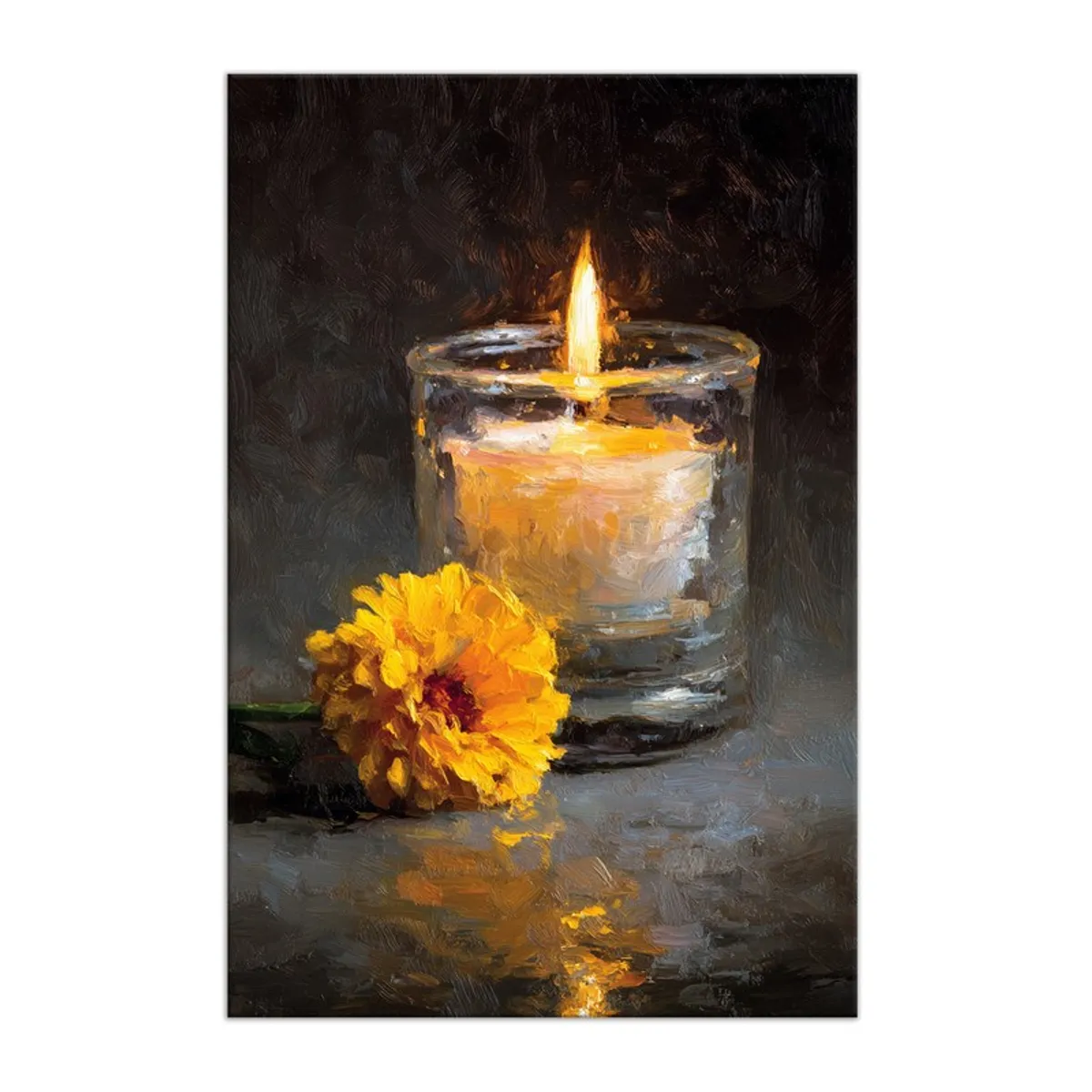 Rectangular canvas wall painting showing a candle and yellow flower