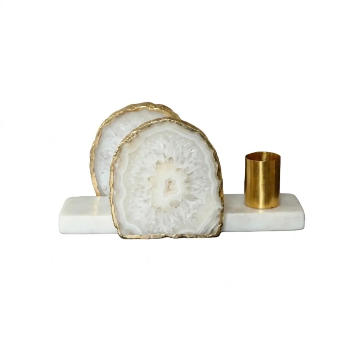 White marble-style tissue holder with gold-edged stone details on a white background.