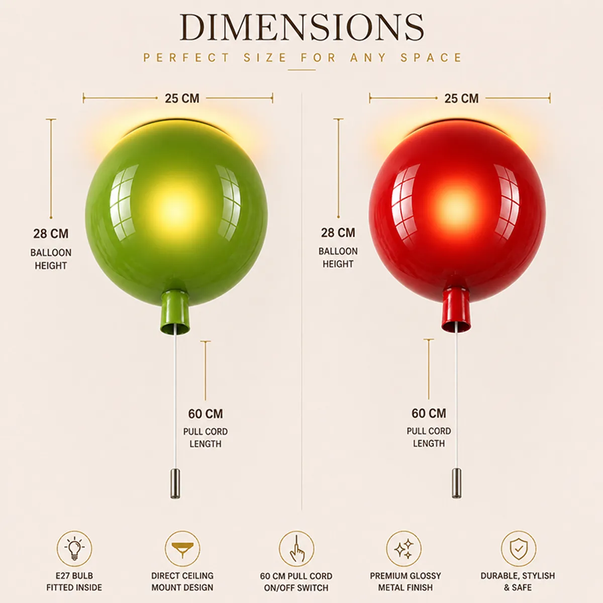 Dimension graphic of balloon ceiling lamp in red and green variants