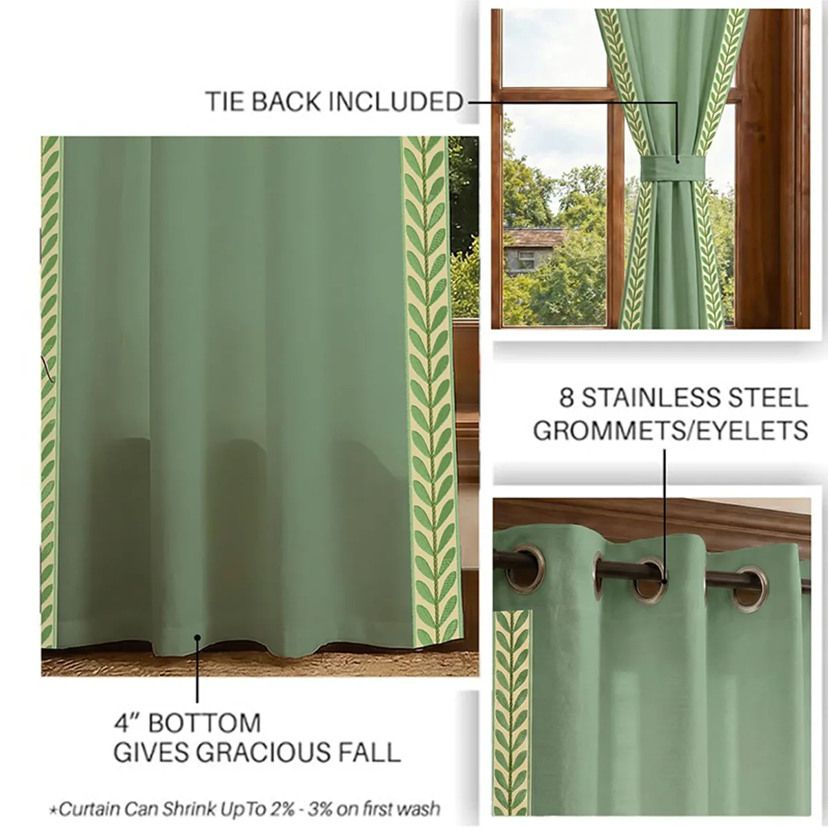 Green curtain styled with tie-back and metal eyelets at the top
