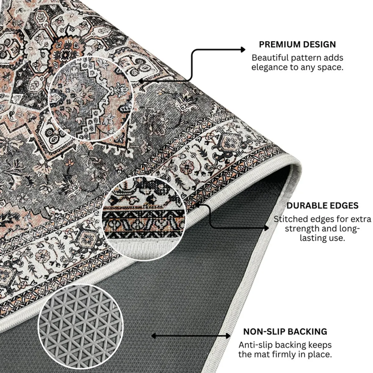 Close view of the carpet's patterned surface, stitched edge and anti-slip underside