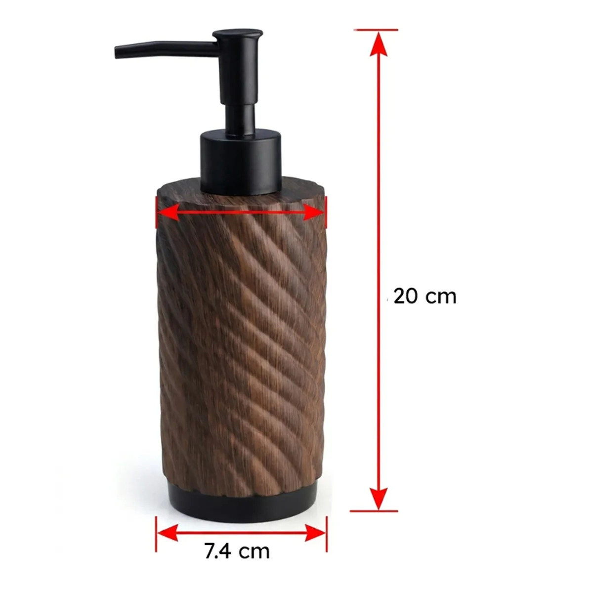 Brown soap dispenser with black pump and dimension arrows