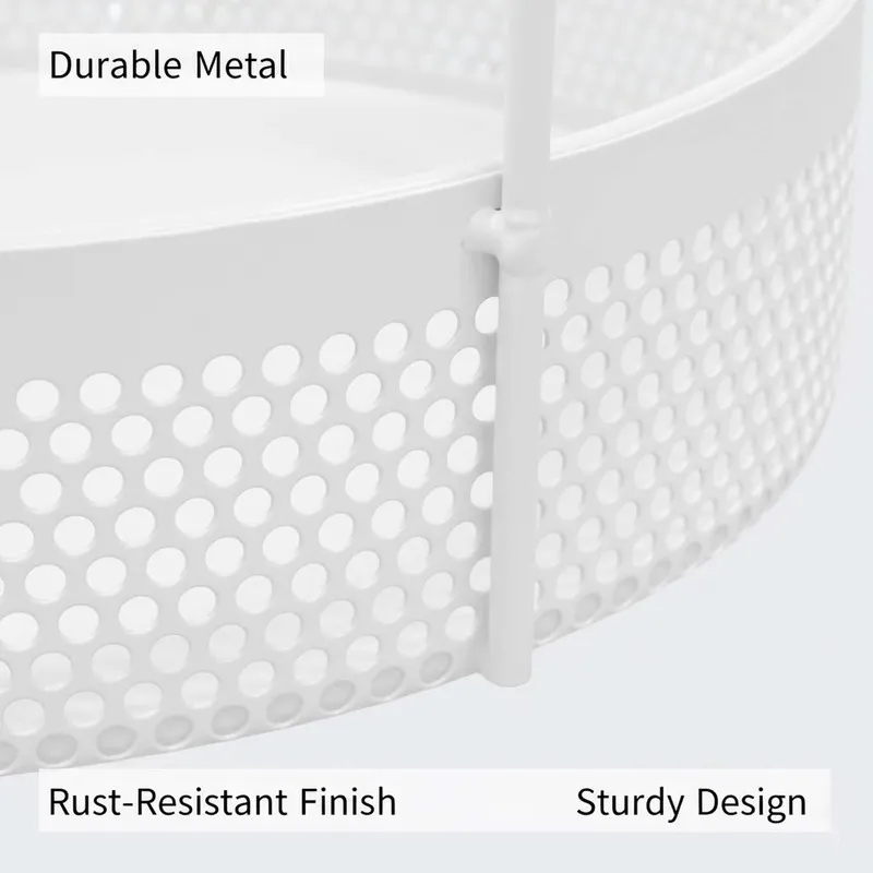 Close-up of white perforated metal basket with handle detail