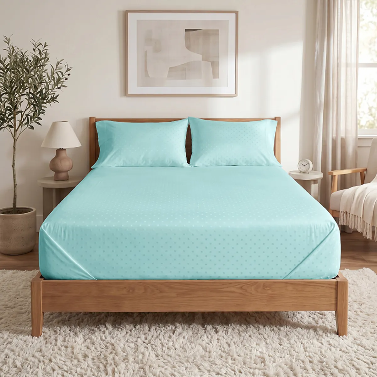 Pale turquoise duvet cover on a wooden bed in a bright bedroom