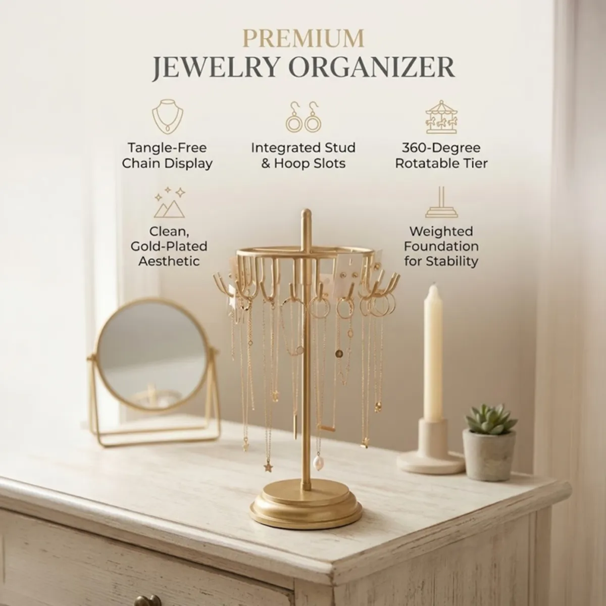 Gold jewellery organiser stand displayed on a light dressing table beside a mirror and decor.