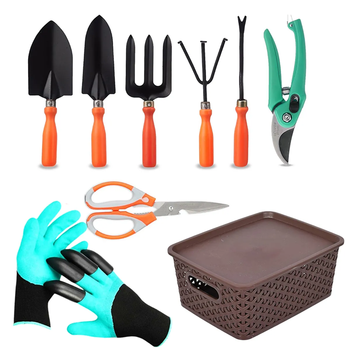 Garden tool set with hand tools, pruner, scissors, gloves and brown storage basket