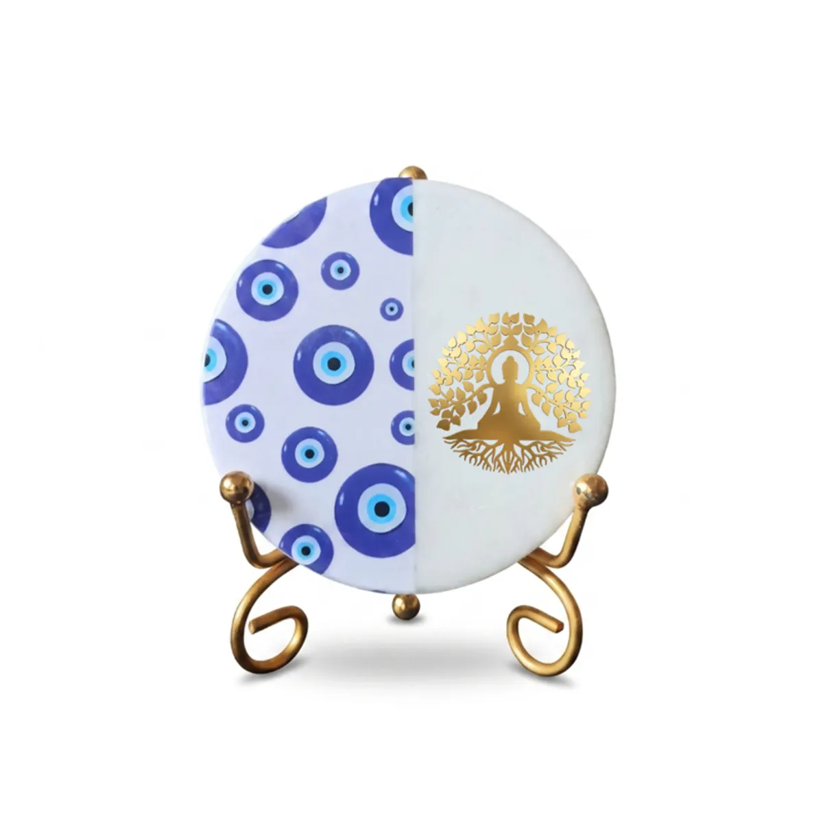 Front view of a round blue and white marble showpiece on a gold metal stand.