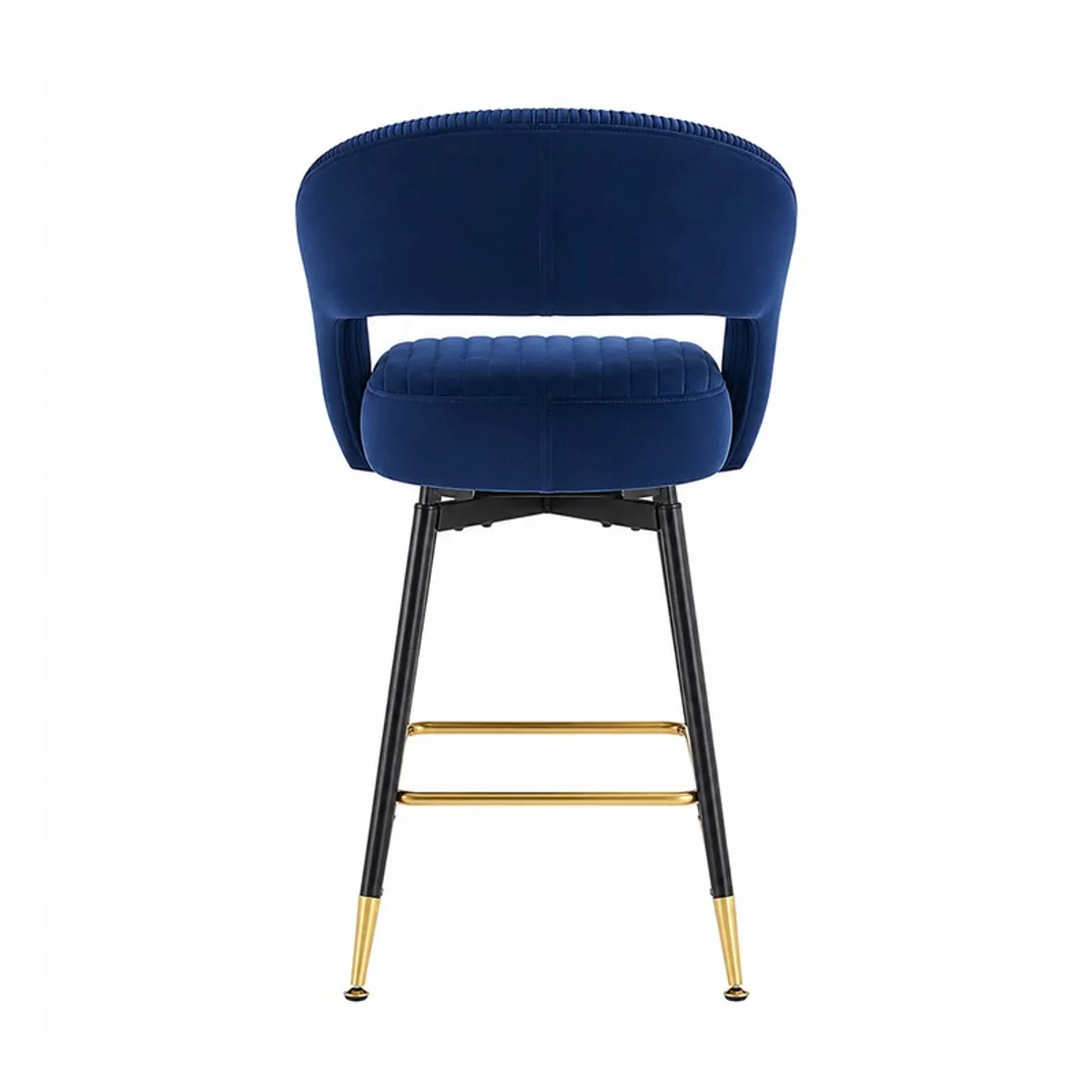Rear view of a blue velvet bar stool showing its curved back and metal frame.