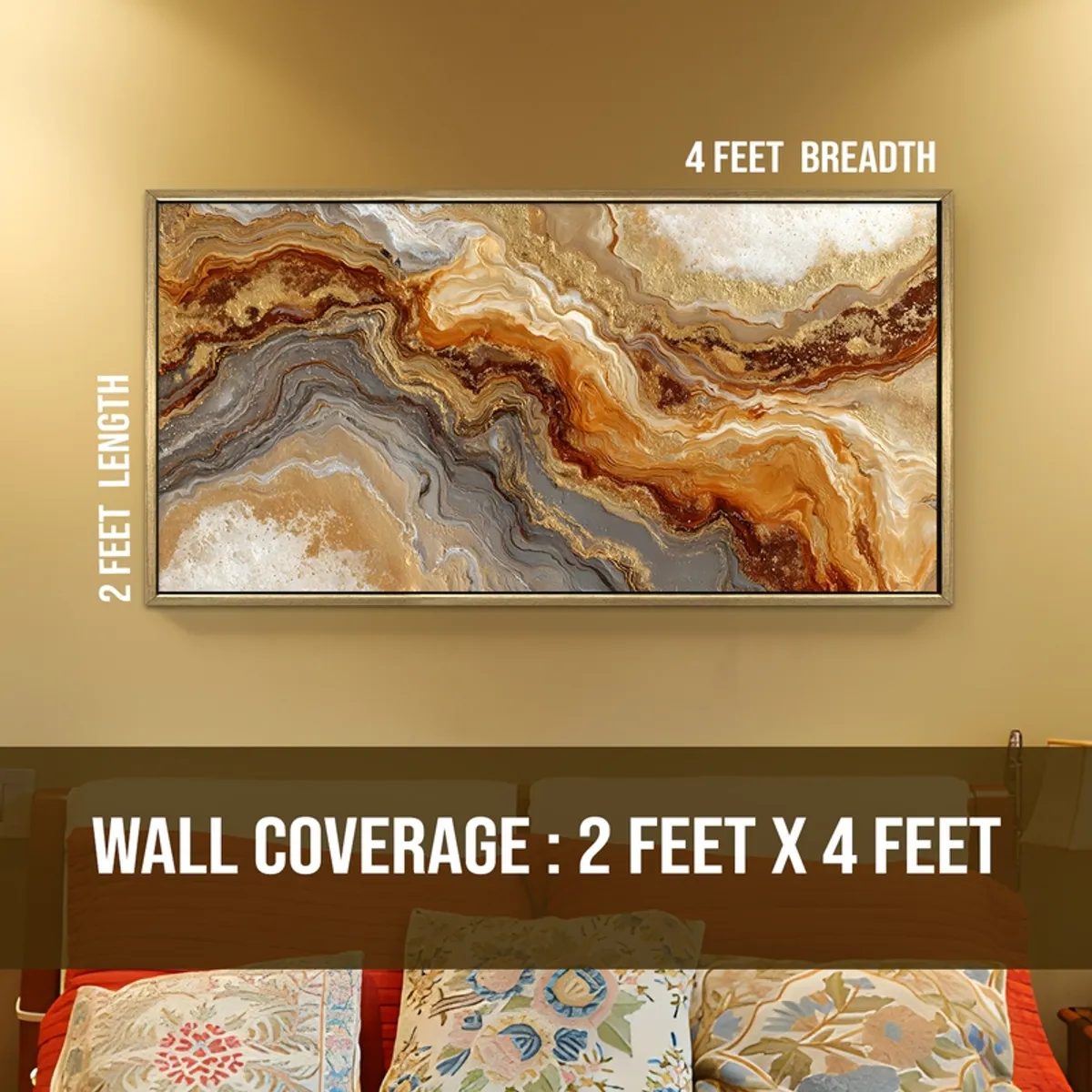 Framed abstract wall painting showing a wide rectangular format