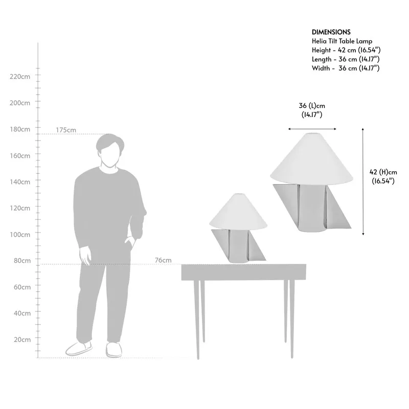 Scale illustration showing the lamp dimensions beside a table and figure