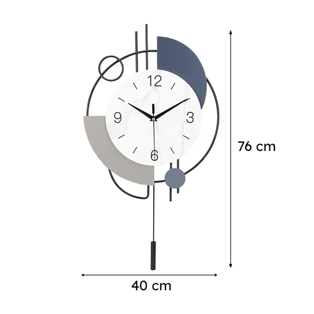 Front view of geometric wall clock with dimensions shown beside it