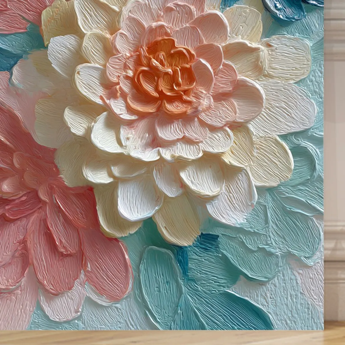 Close-up of blush and ivory flower petals with blue floral accents
