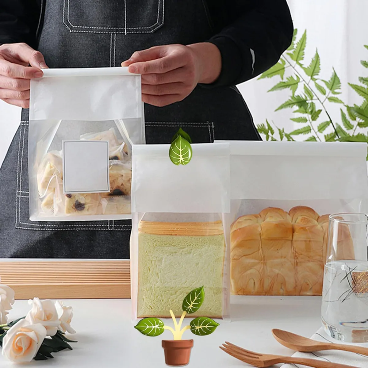 Leaf-shaped sealing clips shown in use on food storage bags
