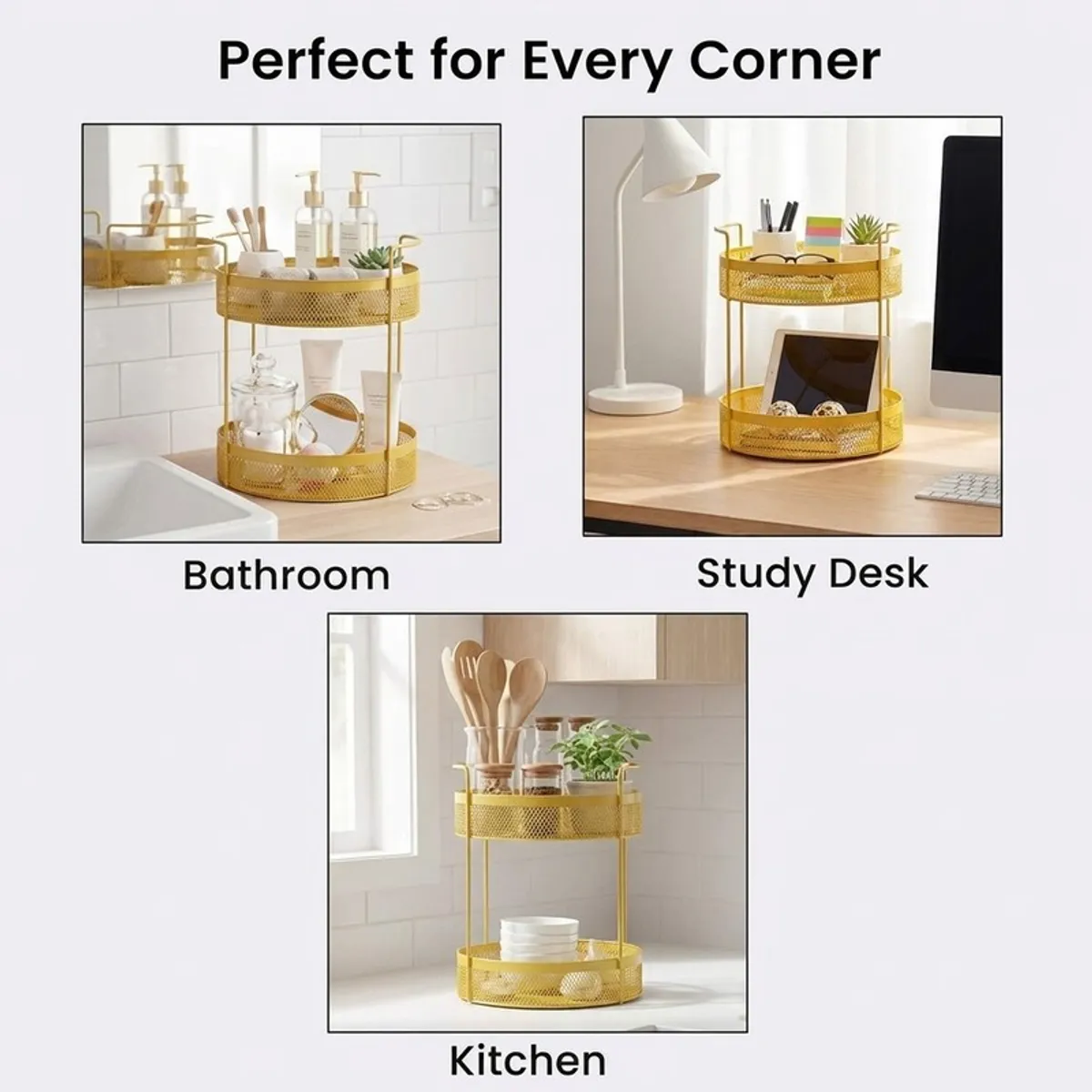Yellow two-tier organiser shown in bathroom, study desk and kitchen settings