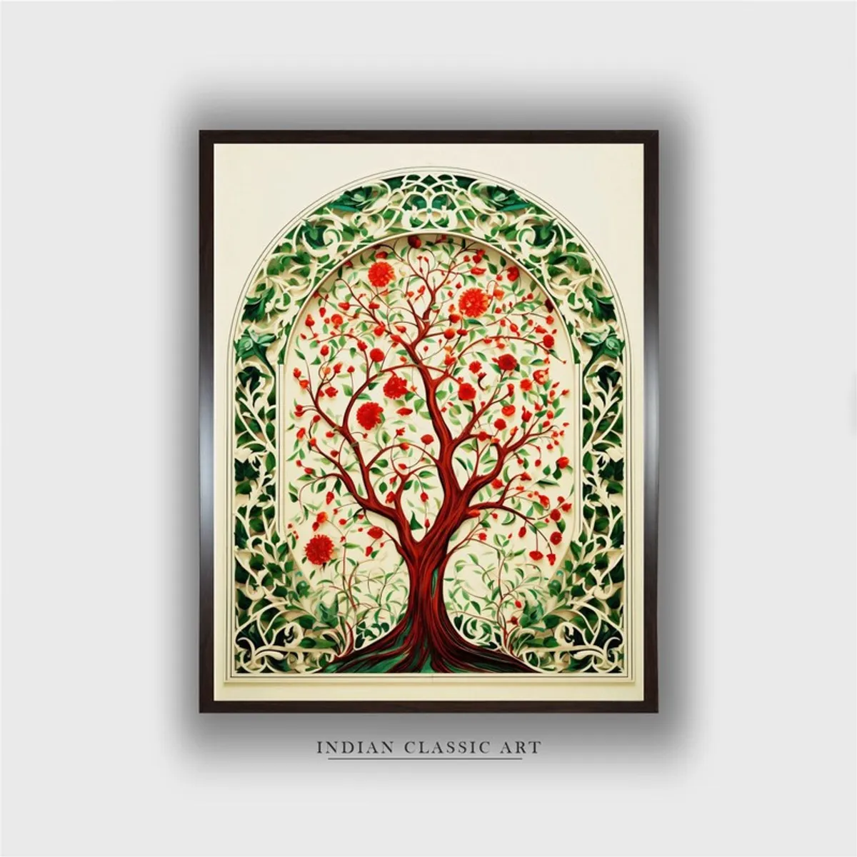 Front view of framed canvas painting with ornate arch and flowering tree