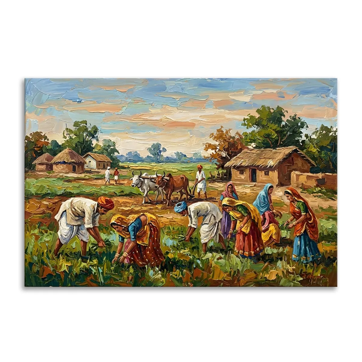 Rectangular canvas painting of villagers harvesting in a countryside landscape