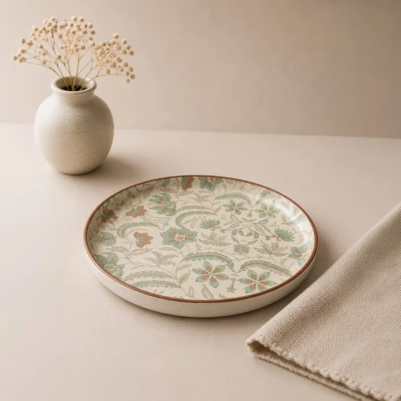Angled view of glossy floral ceramic dinner plate on a beige surface