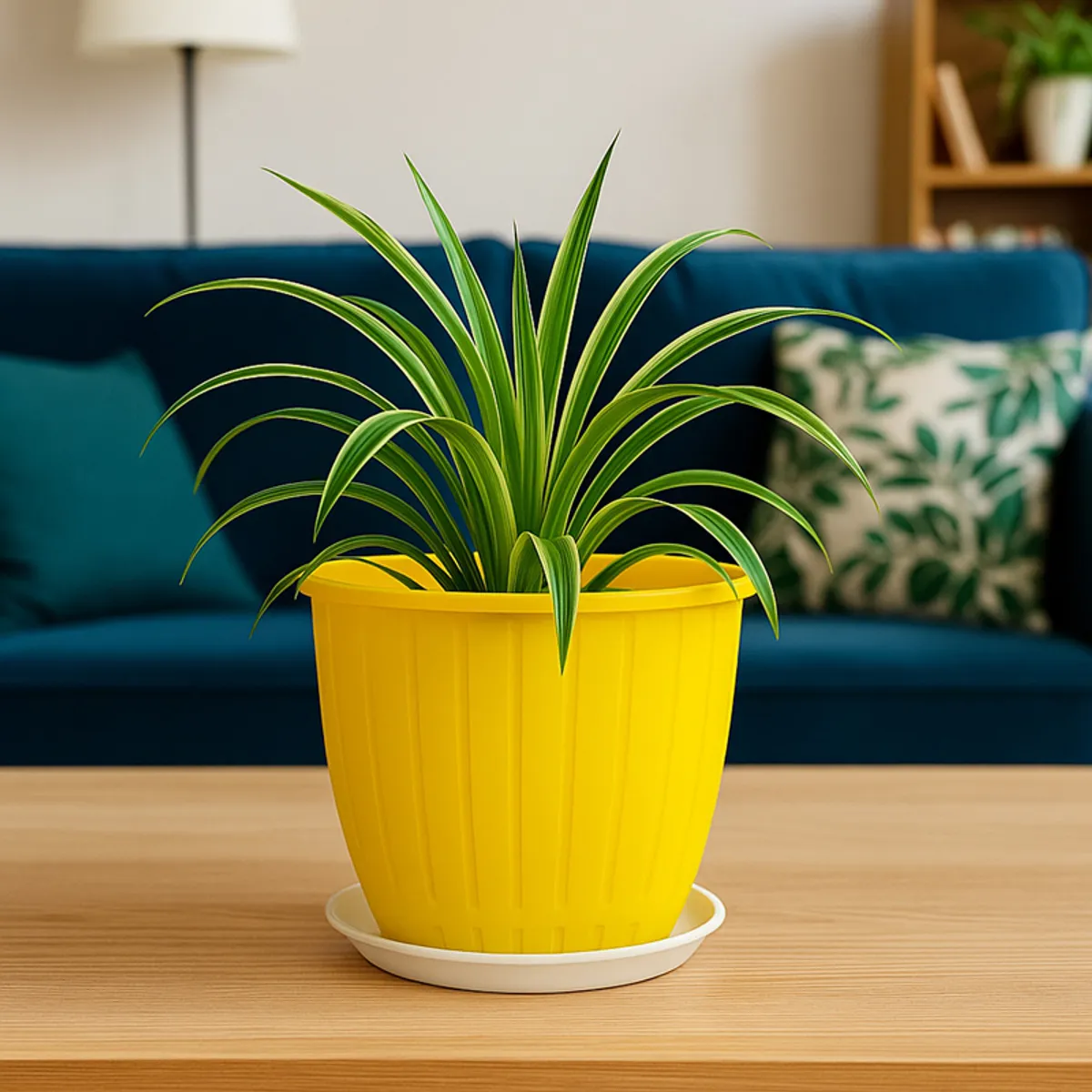 Yellow planter with a leafy plant on a wooden table