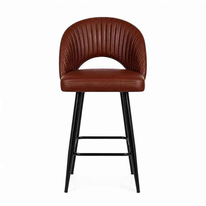 Front view of brown ribbed bar chair with black metal legs