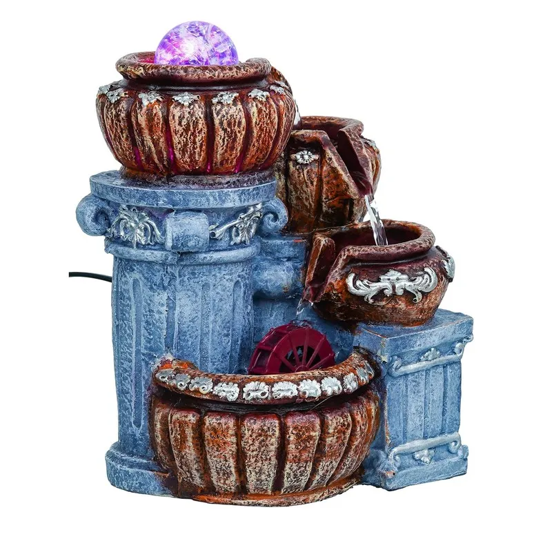 Front view of a blue and brown LED cascade fountain on a white background