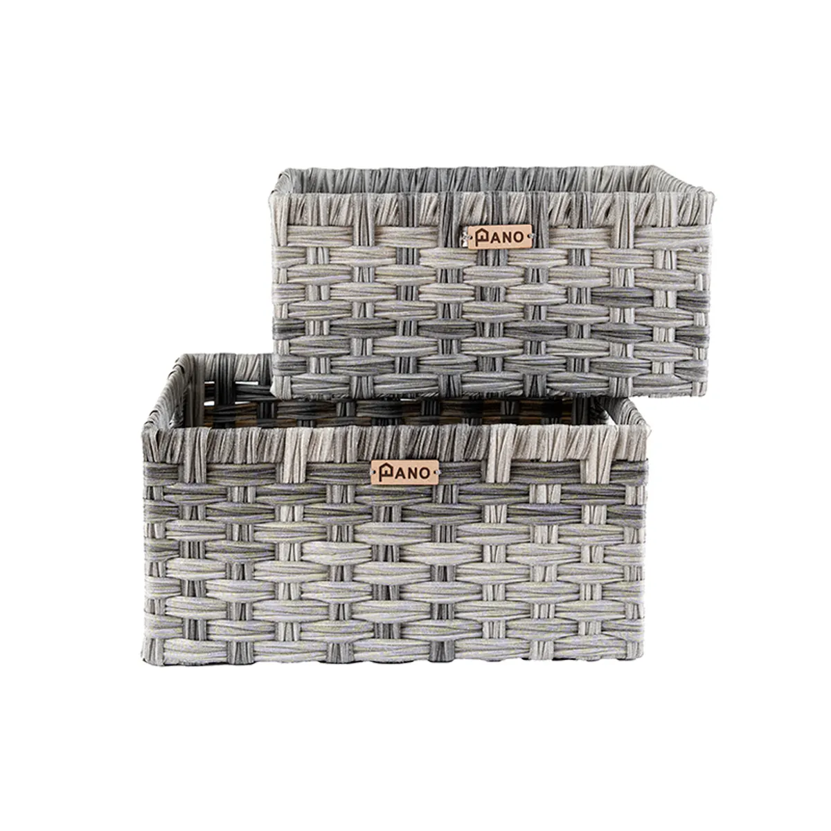 Two grey woven-look rectangular storage baskets stacked against a white background