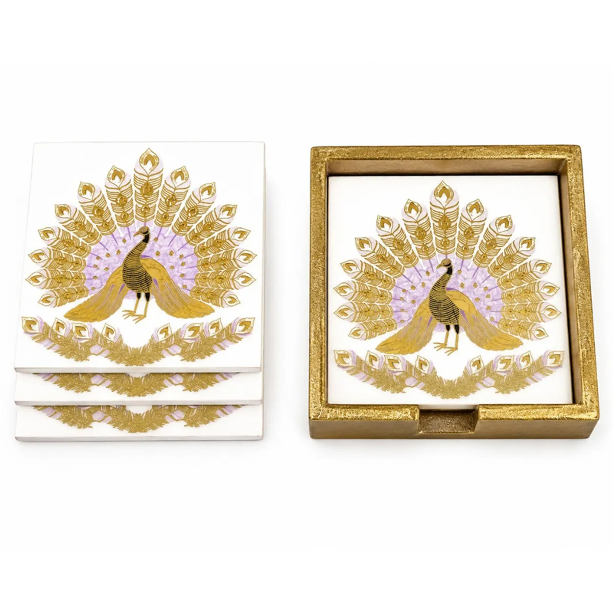 Four stacked peacock coasters and one coaster in a matching box