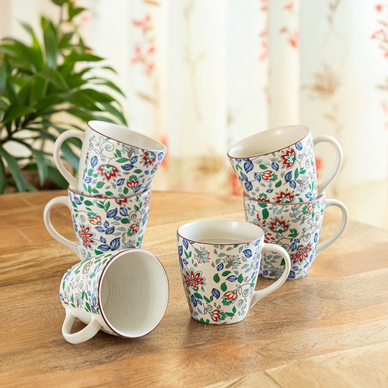 Spring Garden Ceramic Coffee Mugs (330 mL Each) - Set of Six