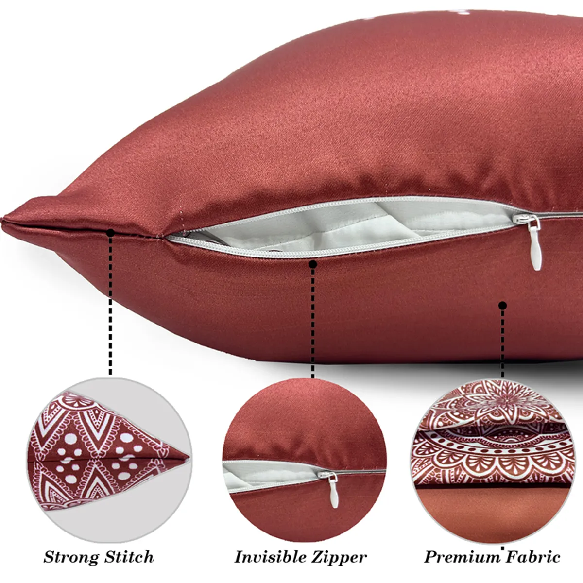 Close-up of a maroon cushion cover showing its zip closure and stitching
