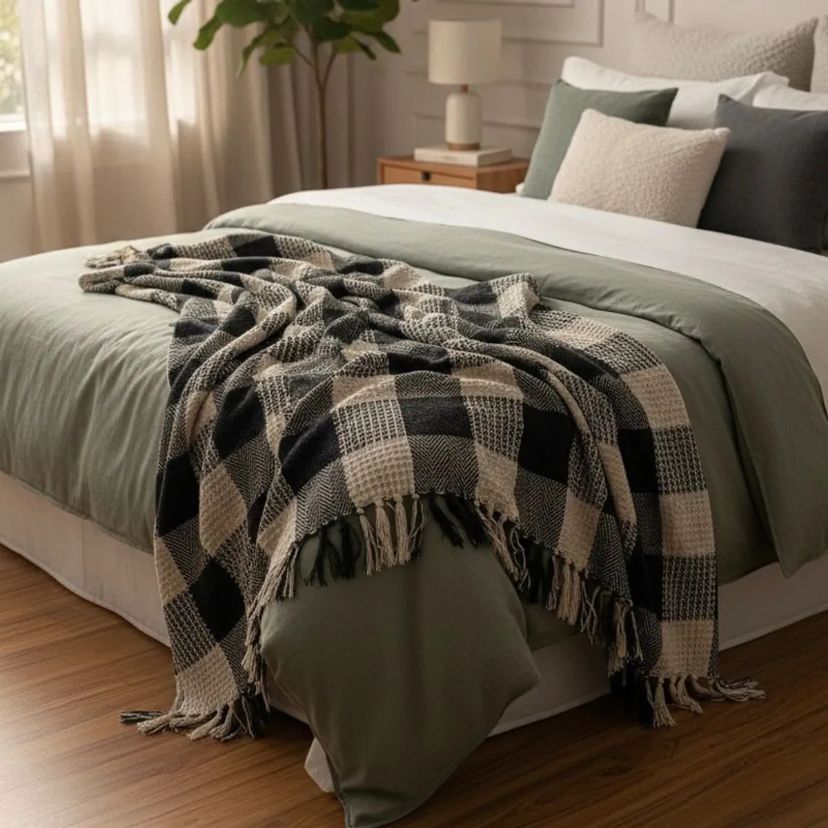 Patterned grey, black and white throw spread across the foot of a bed