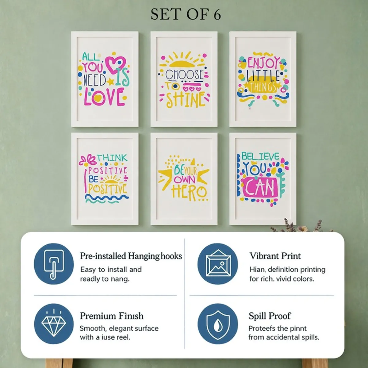 Six framed quote prints with colourful typography shown as a coordinated set
