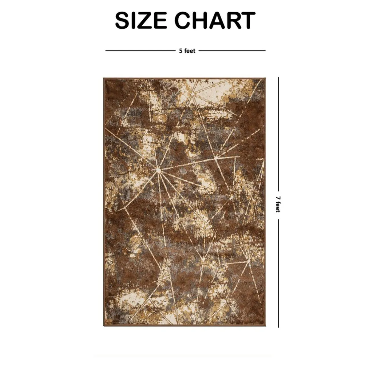 Rectangular brown and beige abstract carpet shown in a size chart layout