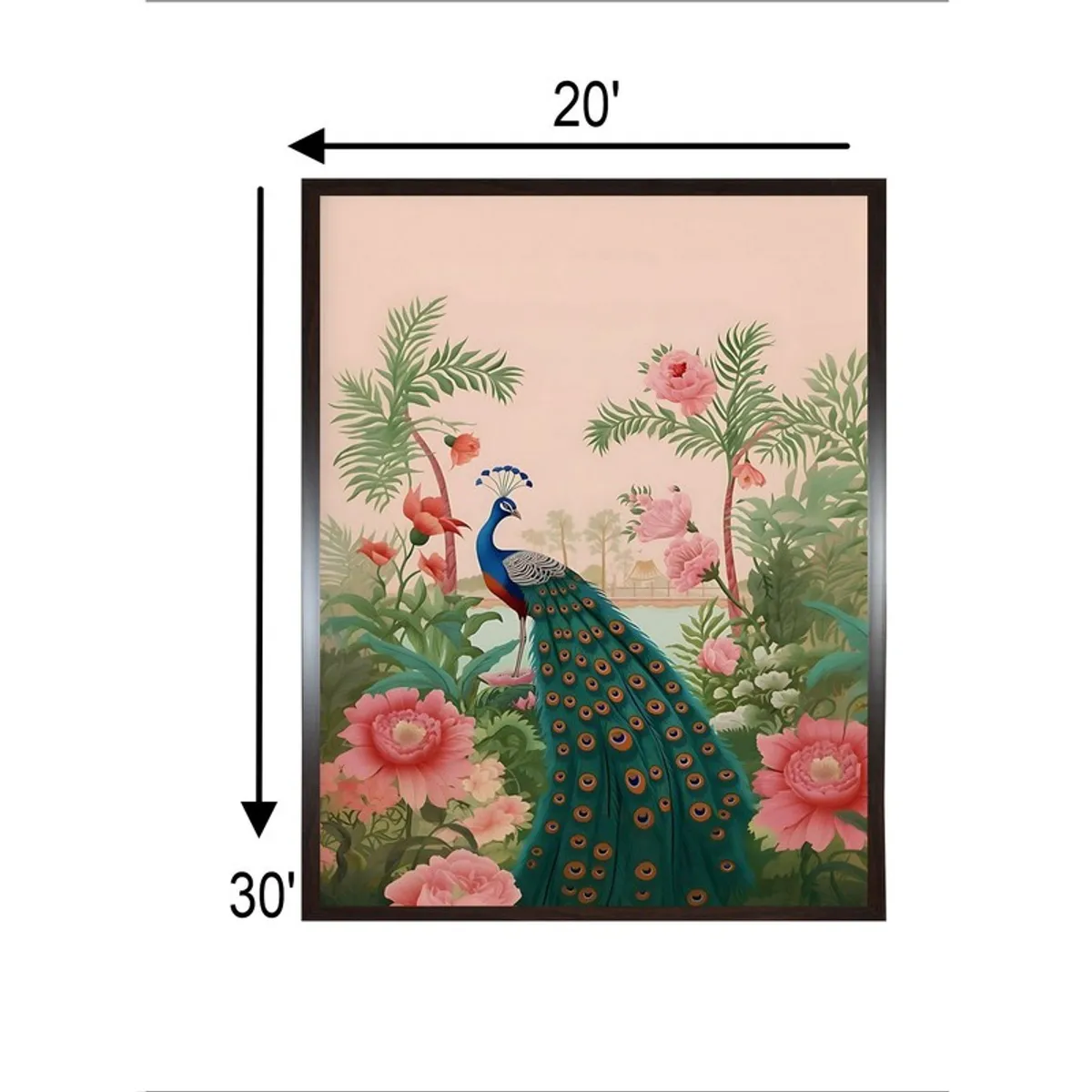 Framed peacock garden wall painting with size graphic shown