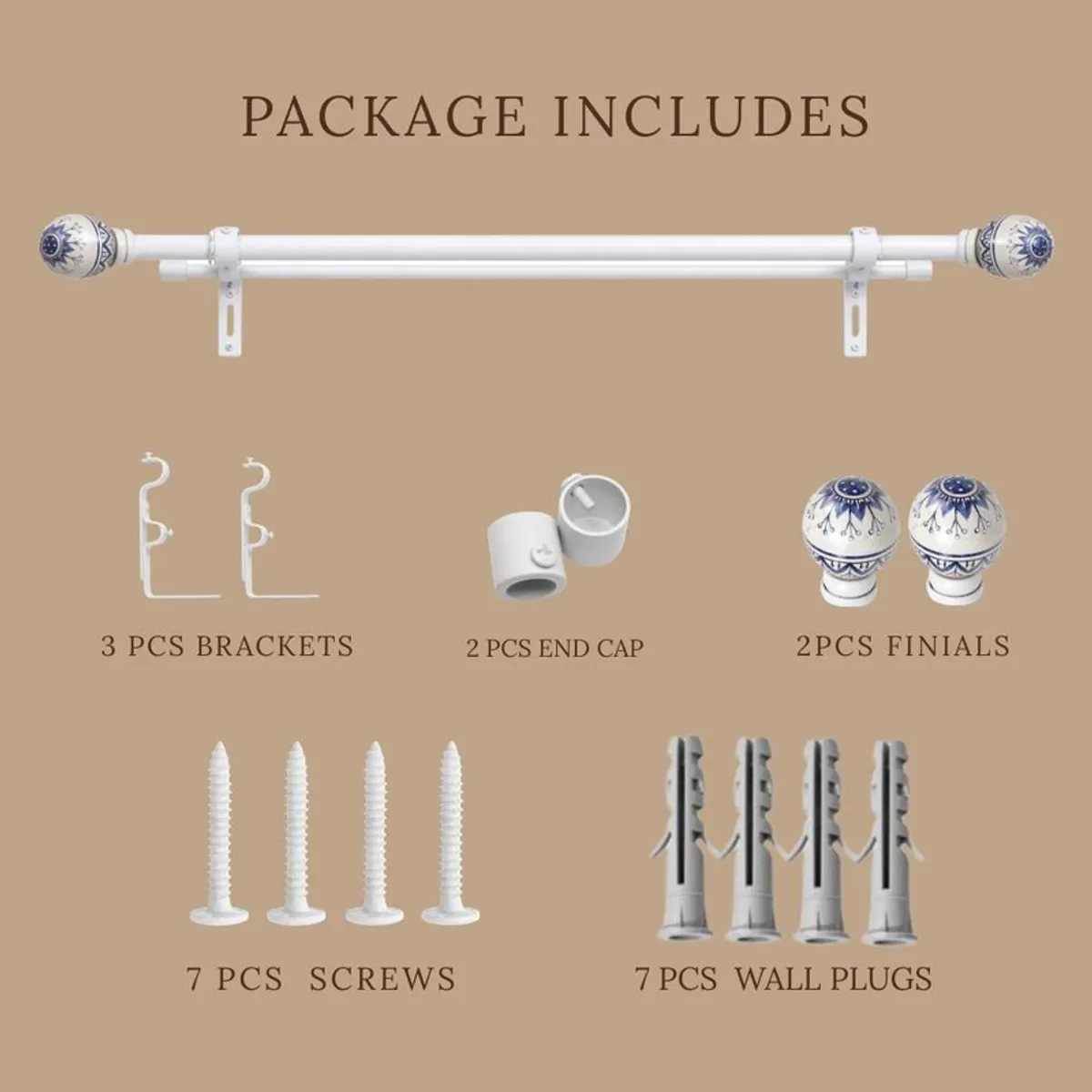 White double curtain rod with two finials, brackets, end caps, screws and wall plugs