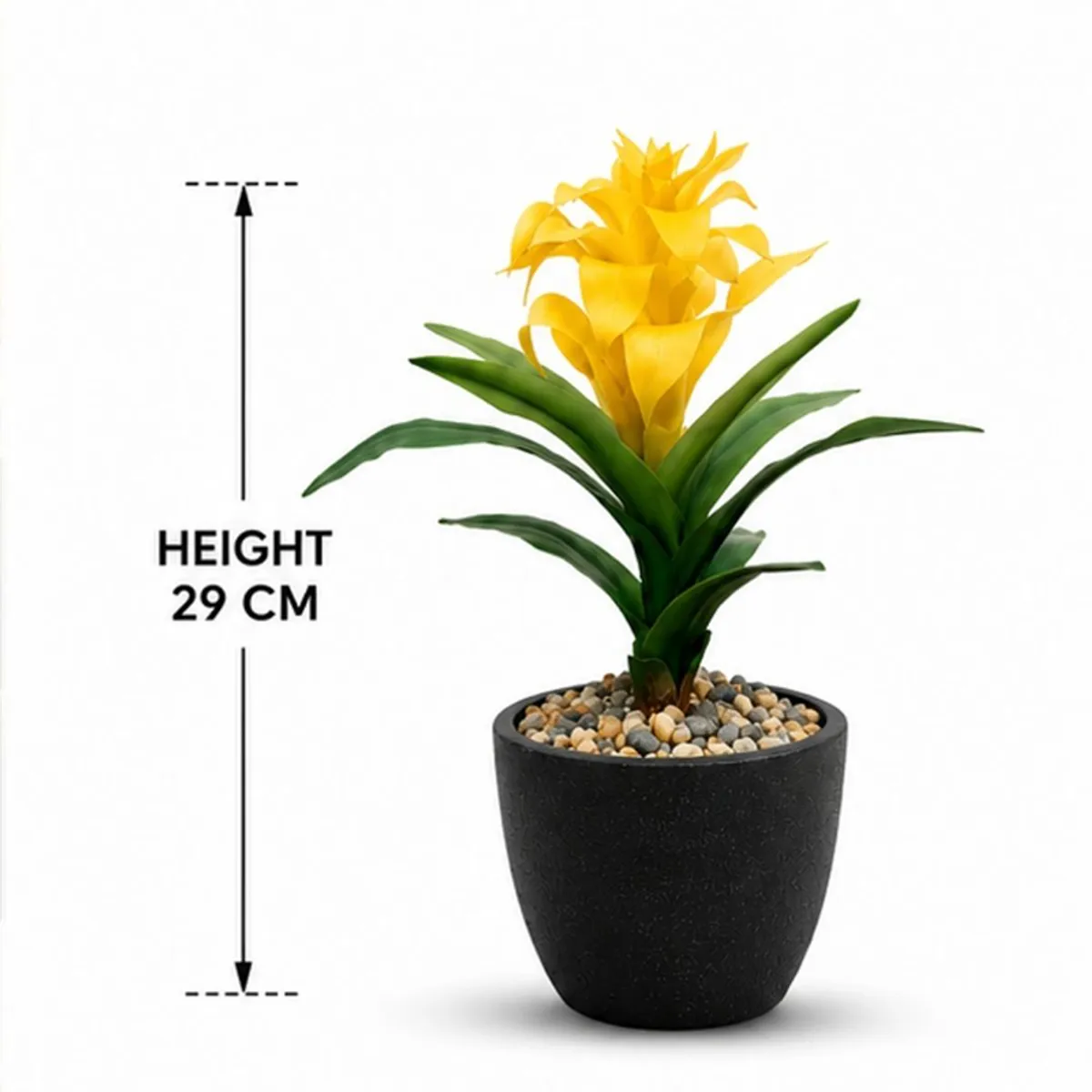 Yellow artificial bromeliad plant shown at 29 cm height