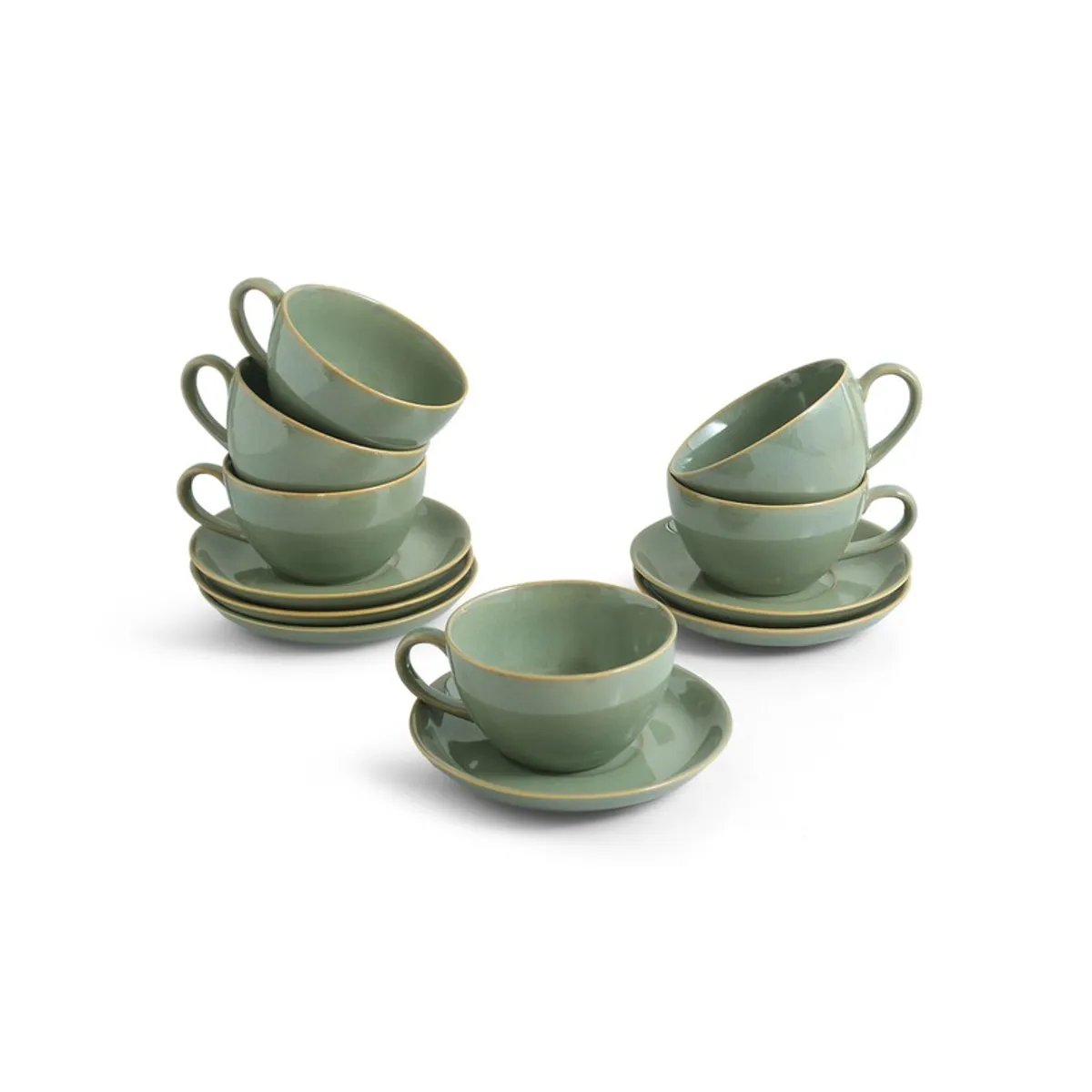 Six sage green cups and saucers arranged against a white background