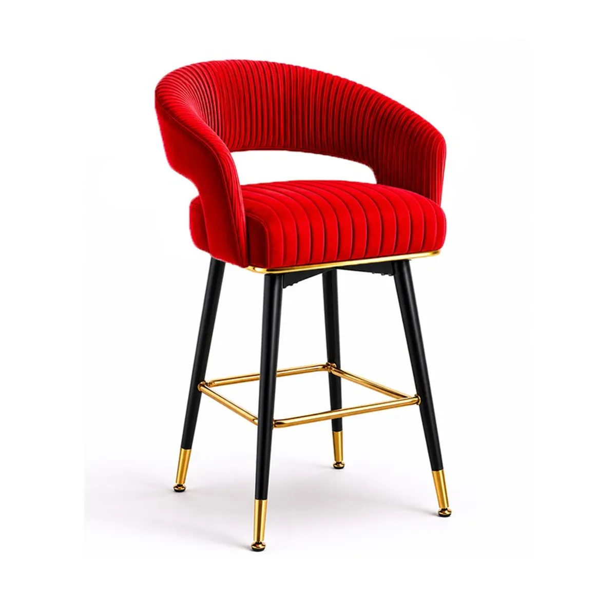 Three-quarter view of a red velvet bar stool with gold footrest