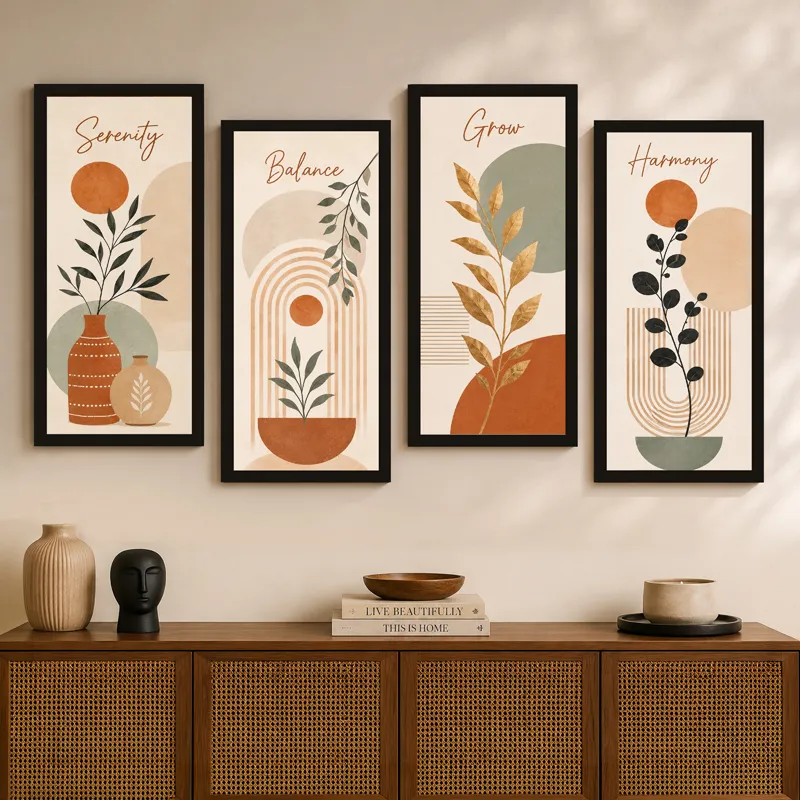 Four framed abstract botanical prints displayed above a cane-front wooden sideboard.