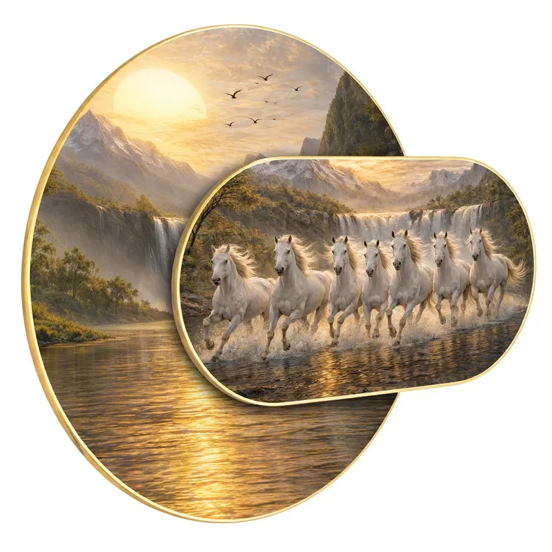 Angled view of layered gold-framed wall art with running white horses over reflective water.