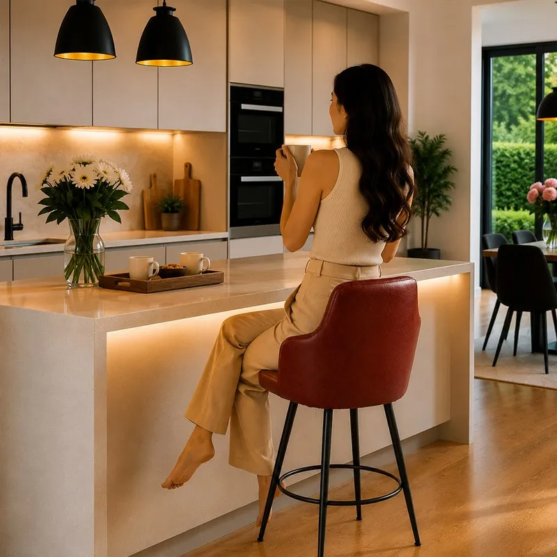 Person seated on a brown bar chair at a kitchen counter