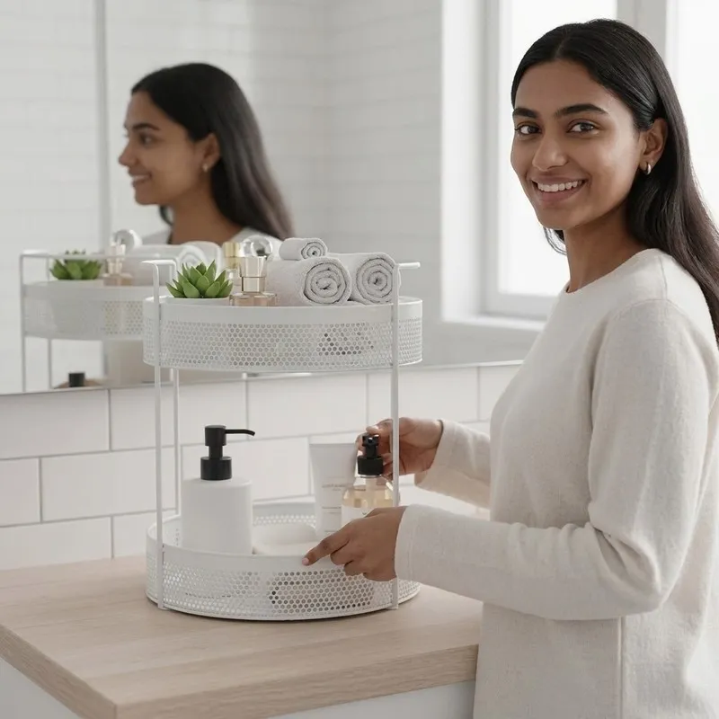 White two-tier organiser holding bathroom essentials beside a mirror