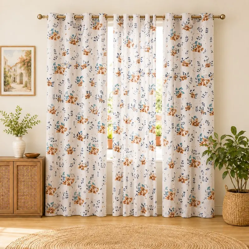 Bloom Veil Printed Cotton Curtains (Brown) - Set of Three