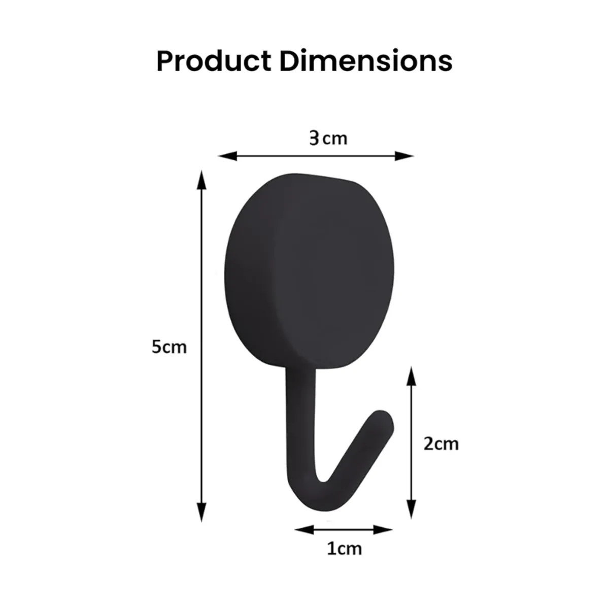 Close-up of a round black wall hook with visible size arrows.