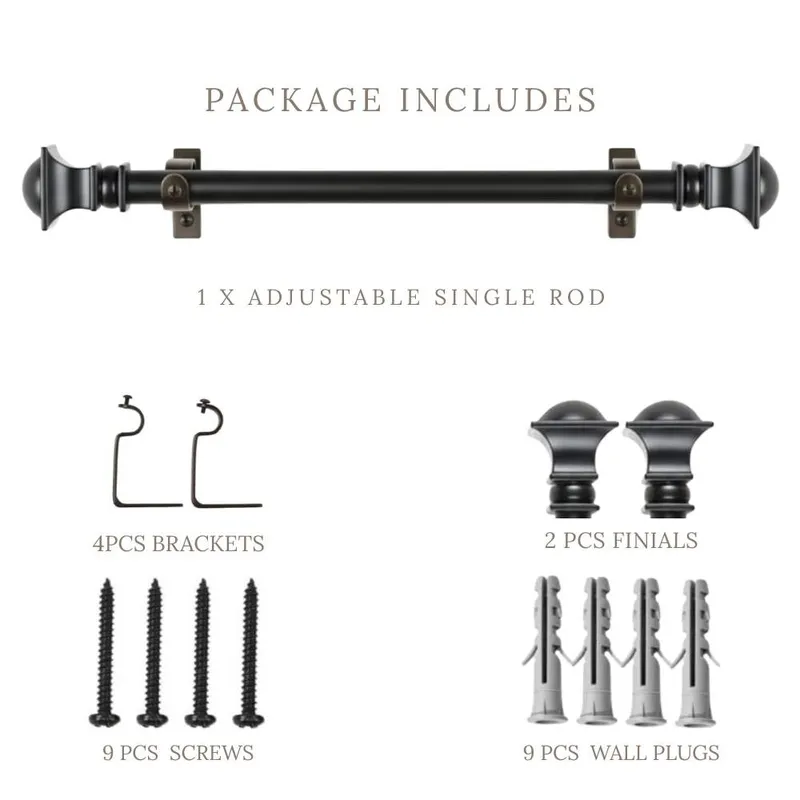 Black curtain rod with round finials and brackets shown as a set