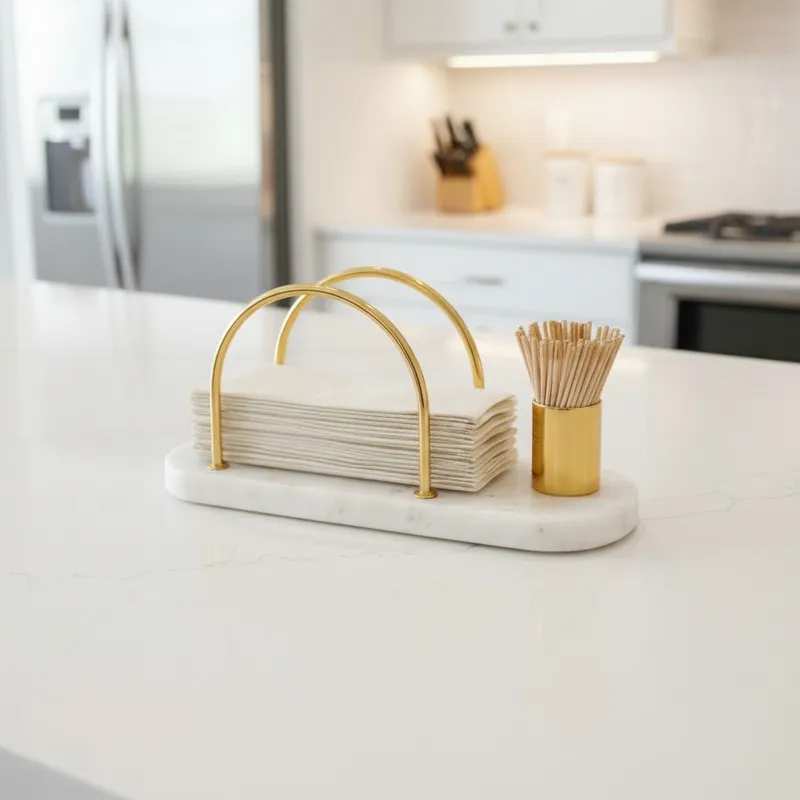 Marble tissue holder with gold arches and side cup on a white counter