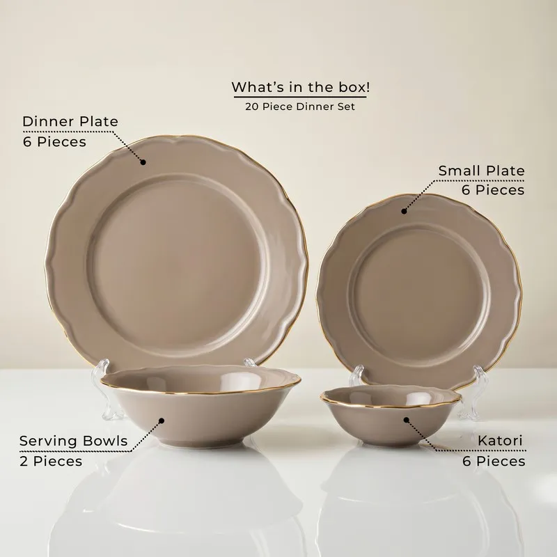 Grey and gold dinner set pieces displayed together