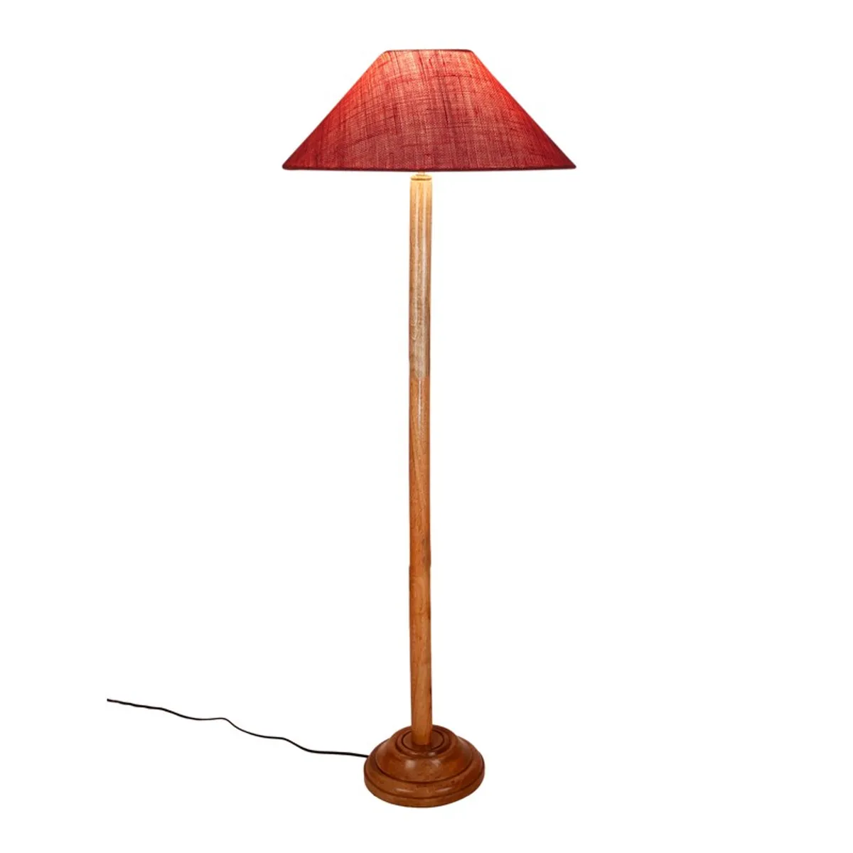 Wooden floor lamp with a pink textured shade on a white background