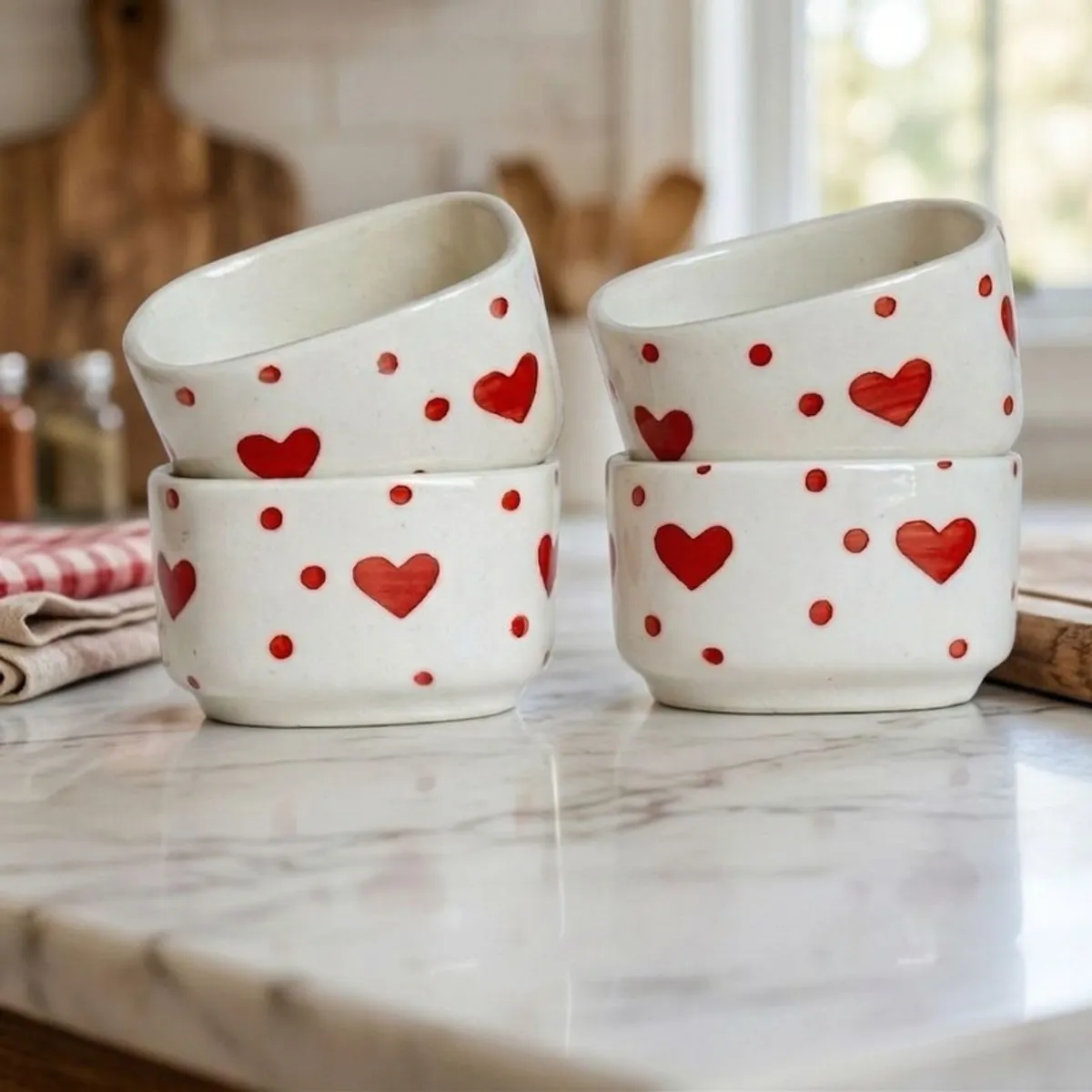 Four white dip bowls with red heart pattern styled on a kitchen counter