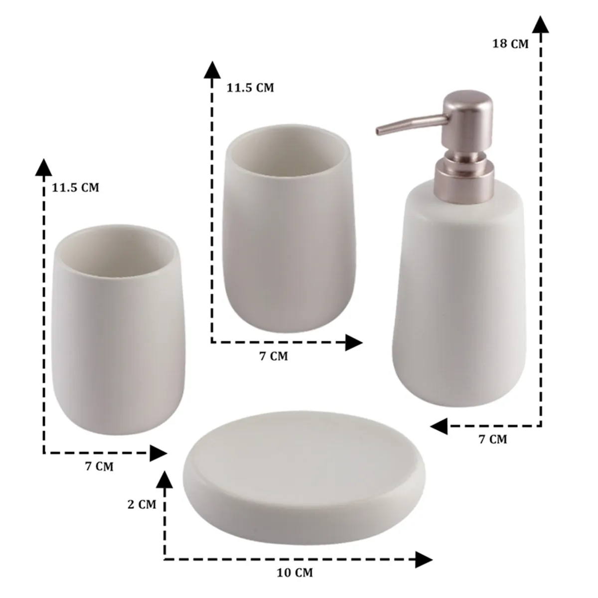 White ceramic bathroom set with visible size arrows for the dispenser, holders and dish