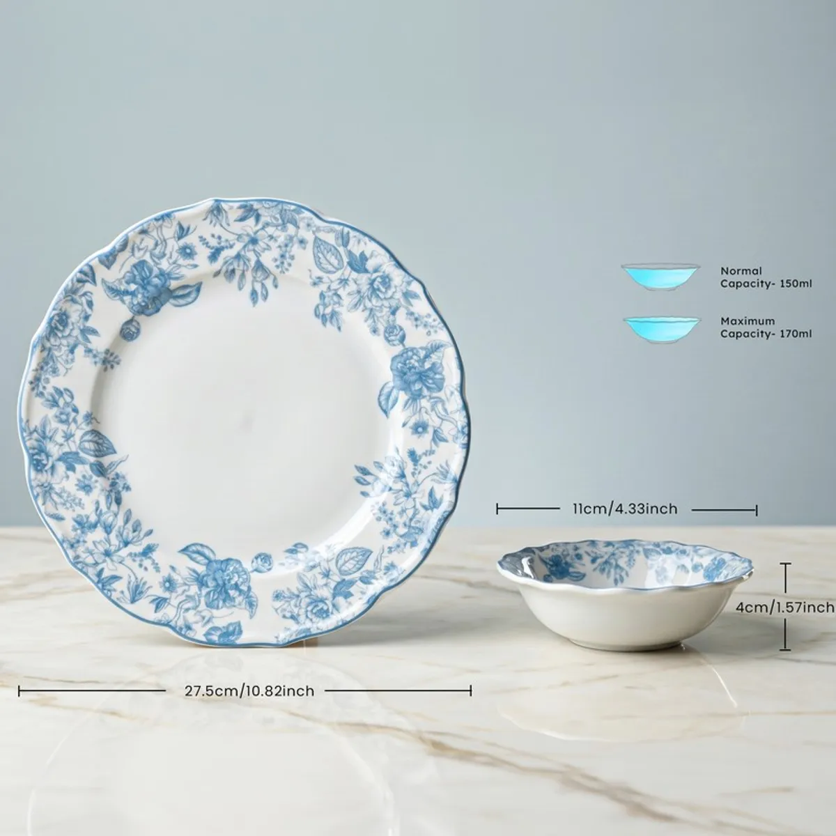 Blue and white floral dinner plate and small bowl