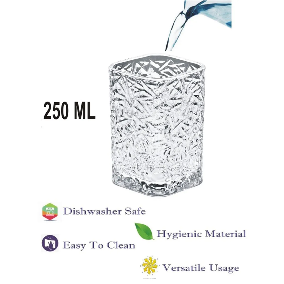 Clear patterned drinking glass shown with pouring water